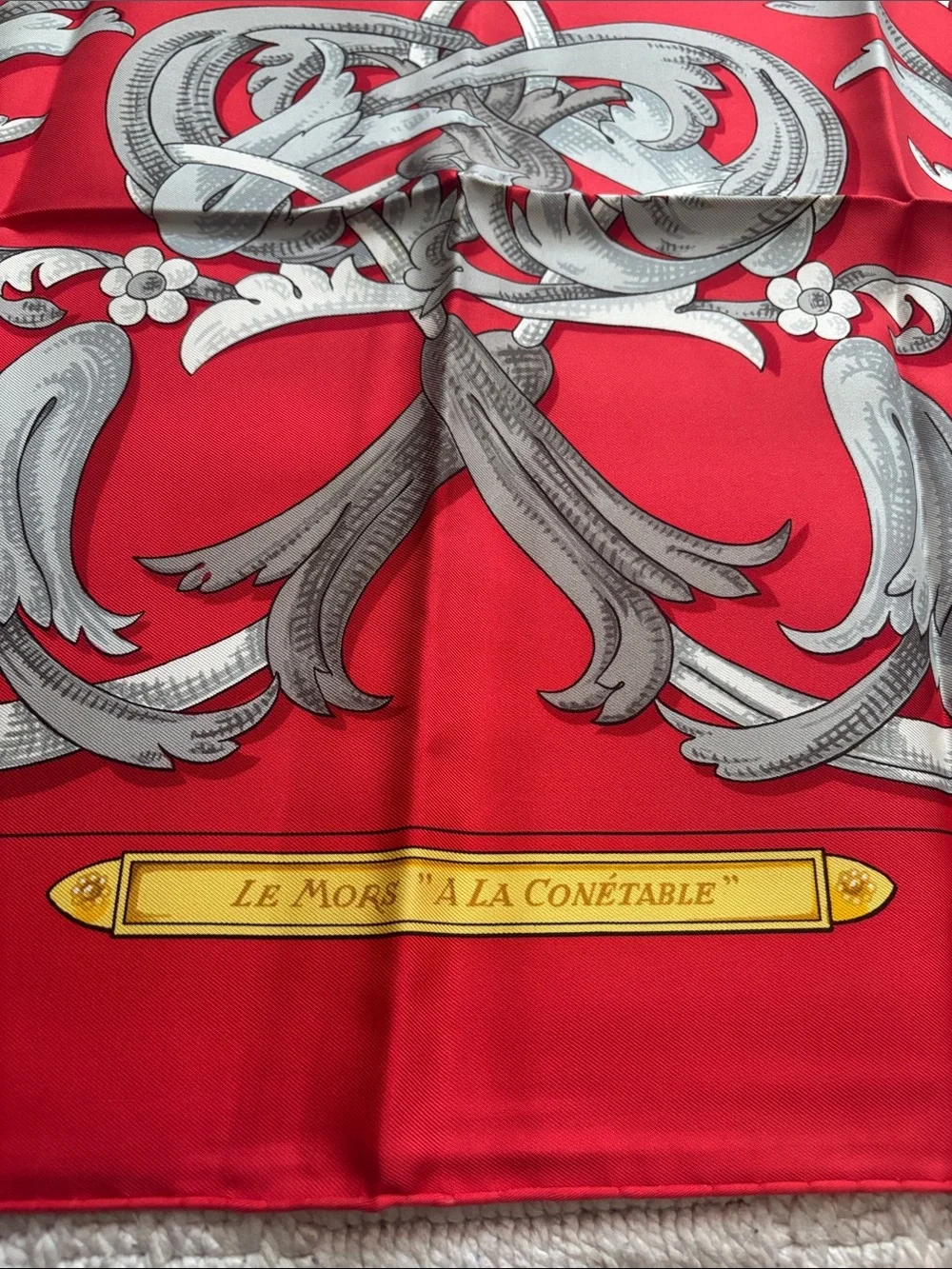 New with tag authentic Hermes Red, Gold, Blue Baroque Silk Scarf